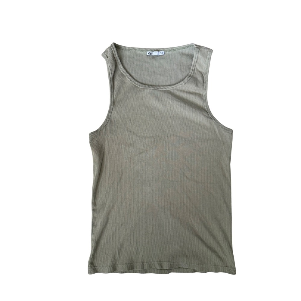 Zara Mens Ribbed Tank Top Sage Green Olive Scoop Neck Large Made in Portugal